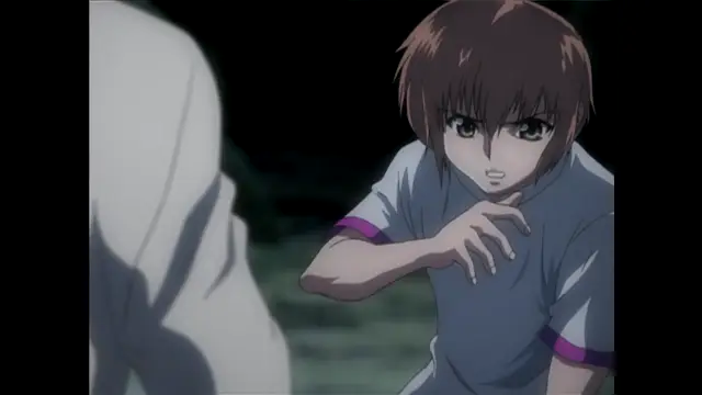 A wide shot shows a surprised anime girl with short brown hair and large green eyes, wearing a purple and white sports jersey, as she looks towards a figure in white. Screenshot from Nee Chanto Shiyou Yo! - Episode 4