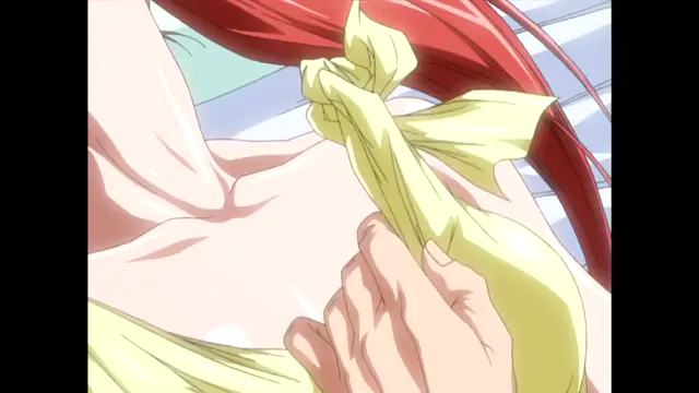 A close-up anime shot shows a woman with long red hair as a man's hand reaches in to untie the yellow ribbon from her chest. Screenshot from Nee Chanto Shiyou Yo! - Episode 4