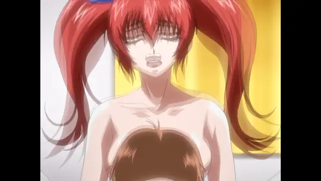 An anime girl with long red hair in pigtails and a blank expression is shown from the chest up, facing a person with brown hair whose head is positioned between her breasts. Screenshot from Nee Chanto Shiyou Yo! - Episode 4