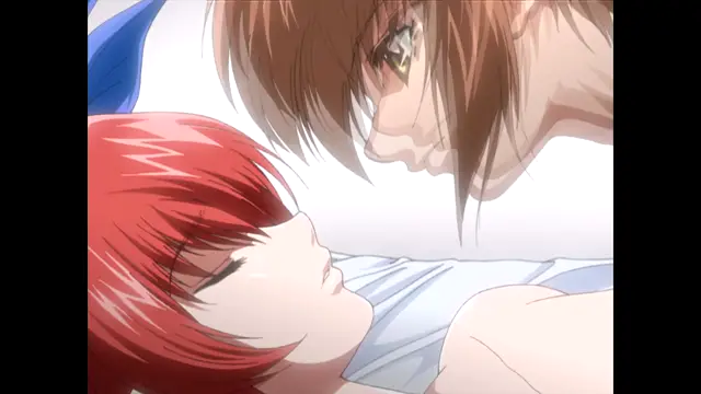 A close-up of a brown-haired male character leaning over a red-haired female character who is lying down and looking up at him with a blush on her face. Screenshot from Nee Chanto Shiyou Yo! - Episode 4