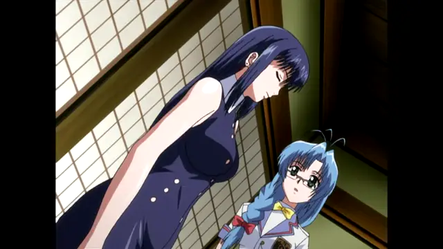 A tall, dark-haired woman in a black dress leans over a smaller, blue-haired girl in a school uniform with glasses inside a Japanese-style room. Screenshot from Nee Chanto Shiyou Yo! - Episode 5