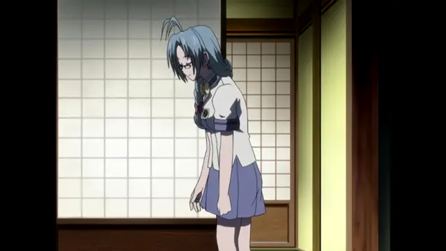 A blue-haired schoolgirl with glasses stands inside a traditional Japanese room with shoji screens, looking down at her chest with a blank expression. Screenshot from Nee Chanto Shiyou Yo! - Episode 5