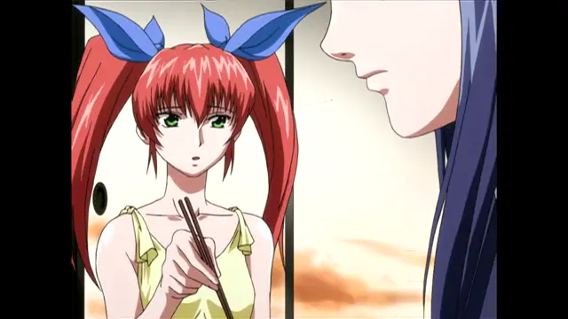 An anime girl with red hair tied in twin tails and green eyes holds chopsticks while looking up at the face of a long-haired man in a close-up shot. Screenshot from Nee Chanto Shiyou Yo! - Episode 5