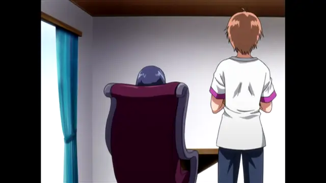 A man with spiky orange hair stands facing a dark-haired woman sitting in a large burgundy armchair in a room with blue curtains. Screenshot from Nee Chanto Shiyou Yo! - Episode 5