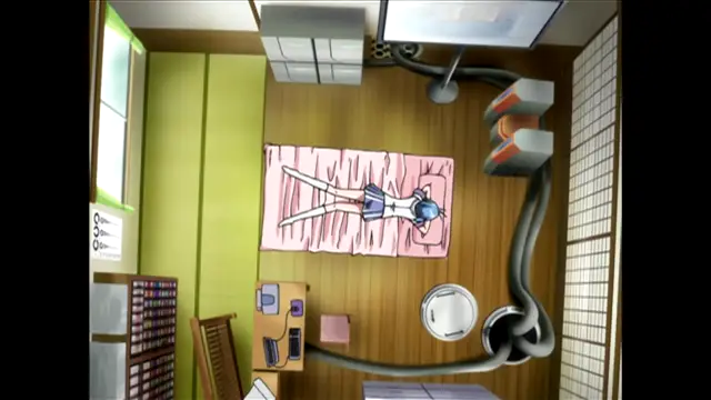 A top-down view of a blue-haired anime girl lying on a pink mat on the floor of a room while being penetrated from behind by a large black tail. Screenshot from Nee Chanto Shiyou Yo! - Episode 5