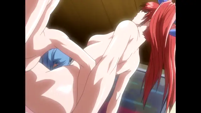 A female character with long red hair is being bent over and gripped by a male character with blue hair in a sexual position. Screenshot from Nee Chanto Shiyou Yo! - Episode 5