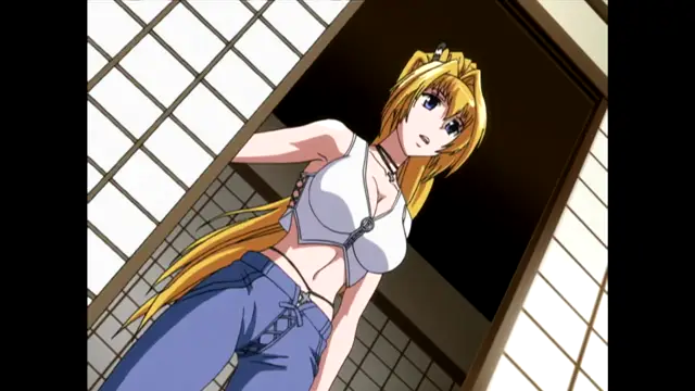 A blonde anime girl with large blue eyes and a surprised expression wears a white ruffled bikini top and low-rise blue jeans while standing in a traditional Japanese-style room with shoji screen doors. Screenshot from Nee Chanto Shiyou Yo! - Episode 5