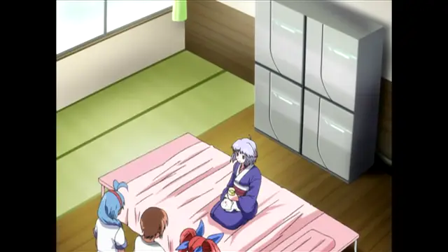 Four anime girls with distinct hairstyles are sitting around a pink table in a Japanese-style room, while a girl with silver hair and blue clothing sits facing them on the opposite side, holding a mug. Screenshot from Nee Chanto Shiyou Yo! - Episode 5
