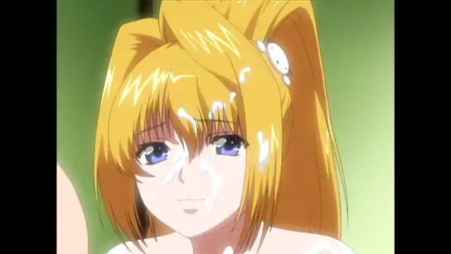 A close-up shot shows a blonde anime girl with a blank expression and sweat on her face, appearing to be in a state of sexual arousal. Screenshot from Nee Chanto Shiyou Yo! - Episode 5