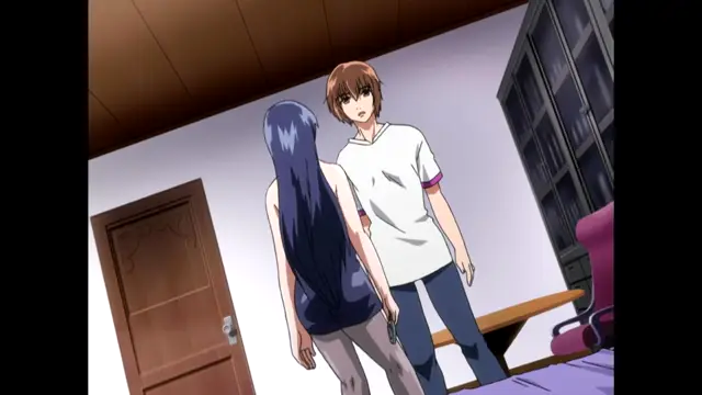 In an anime scene, a boy with short brown hair and a surprised expression looks at a girl with long blue hair who is facing away from him in a room with a wooden door and a large window. Screenshot from Nee Chanto Shiyou Yo! - Episode 5