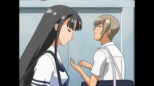 A long-haired anime girl in a school uniform stands facing a blonde boy in a white shirt who is sitting down and holding out his hand toward her in a classroom. Screenshot from Sora no Iro Mizu no Iro - Episode 1