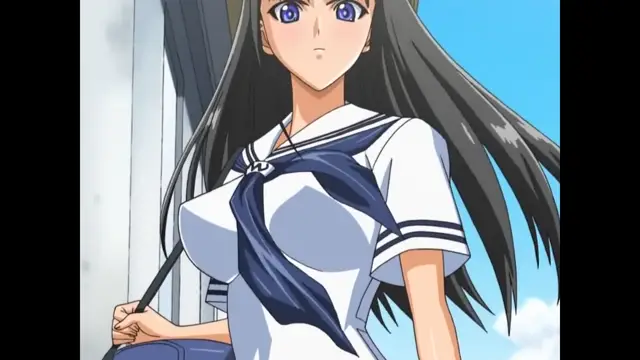 A high school girl with long black hair and blue eyes wearing a white and blue sailor uniform stands outdoors. Screenshot from Sora no Iro Mizu no Iro - Episode 1