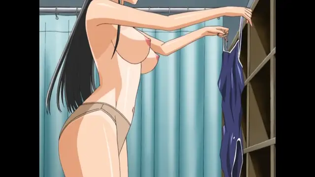 A Japanese anime girl with long black hair wearing a beige bikini stands in a locker room, pulling a blue swimsuit out of a locker. Screenshot from Sora no Iro Mizu no Iro - Episode 1