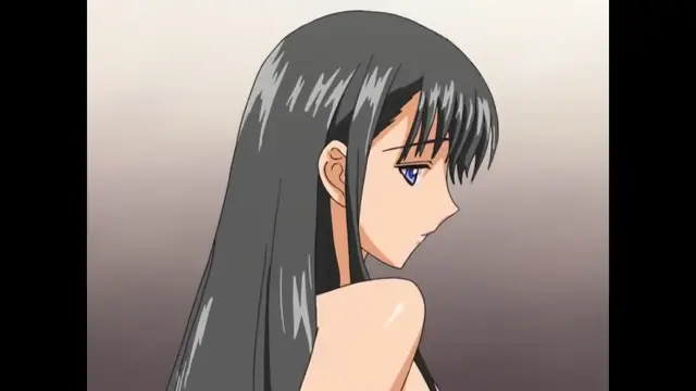 A profile shot of an anime girl with long black hair and blue eyes looking down with a sad expression, showing her bare shoulders. Screenshot from Sora no Iro Mizu no Iro - Episode 1