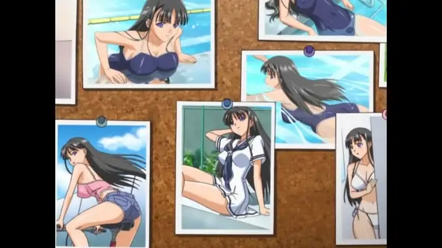 A corkboard is displayed with several photos of a long-haired girl in various swimsuits, including a blue bikini, a white and blue swimsuit, and a pink top with denim shorts, all shown in different poses. Screenshot from Sora no Iro Mizu no Iro - Episode 1