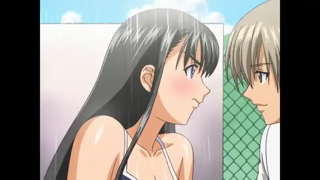 A blushing girl with long black hair in a bikini looks intensely at a blond man in a white shirt while it rains outside. Screenshot from Sora no Iro Mizu no Iro - Episode 1