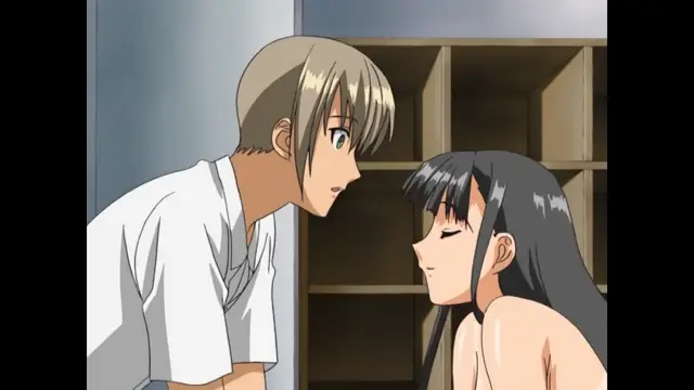 A blonde anime man in a white robe leans in close to a nude brunette woman with closed eyes in a locker room setting. Screenshot from Sora no Iro Mizu no Iro - Episode 1