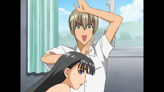 A shocked anime man with light hair and an open mouth stands behind a surprised, long-haired woman who appears to be in a state of undress. Screenshot from Sora no Iro Mizu no Iro - Episode 1