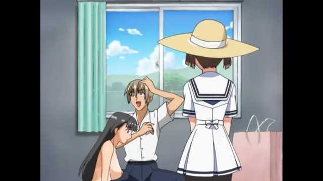 A girl with long black hair sits on the floor next to a man in a white shirt, while a girl in a school uniform and a large straw hat stands before them in a room with a view of a sunny field. Screenshot from Sora no Iro Mizu no Iro - Episode 1