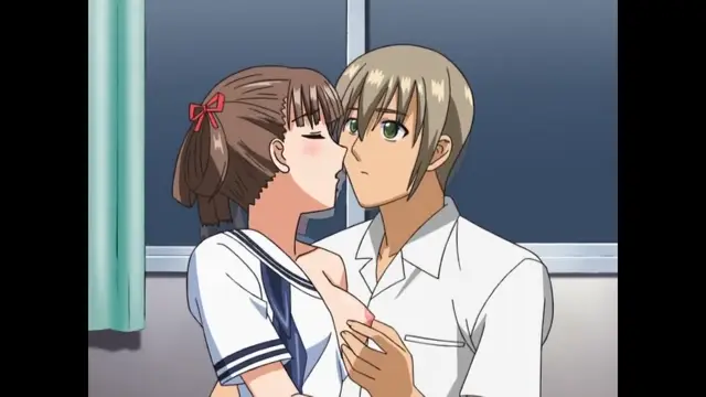 In a school setting, a brown-haired girl in a sailor uniform leans in to kiss a blonde-haired man in a white button-down shirt as he holds her breast. Screenshot from Sora no Iro Mizu no Iro - Episode 1
