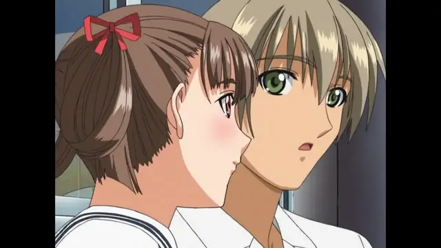 In this anime frame, a girl with brown hair and a red bow leans in close to a light-haired boy's face as if to kiss him. Screenshot from Sora no Iro Mizu no Iro - Episode 1