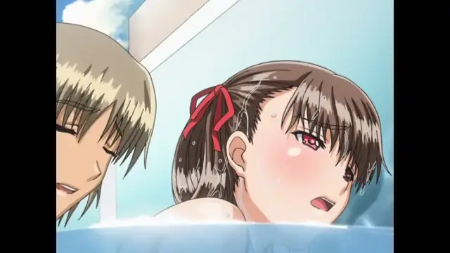 A blonde-haired man and a brown-haired girl with a red ribbon in her hair sit in a bathtub together with the girl looking surprised and blushing. Screenshot from Sora no Iro Mizu no Iro - Episode 2