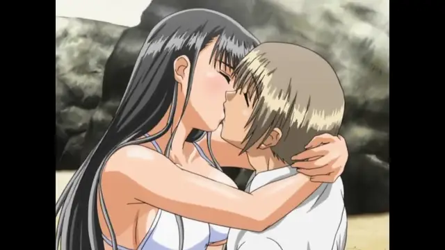 A long-haired woman in a white tank top leans in to kiss a blonde man on the beach, with her arms wrapped around his neck. Screenshot from Sora no Iro Mizu no Iro - Episode 2