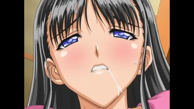 A close-up shot shows a Japanese anime girl with long black hair, blue eyes, and a blushing face, featuring a strand of drool falling from her open mouth. Screenshot from Sora no Iro Mizu no Iro - Episode 2