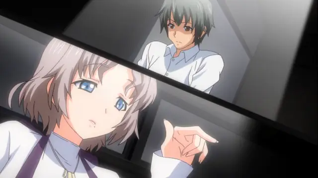 A light-haired anime girl with blue eyes looks concerned as she observes a green-haired boy through a glass partition or window. Screenshot from Tsugou no Yoi Sexfriend - Episode 1