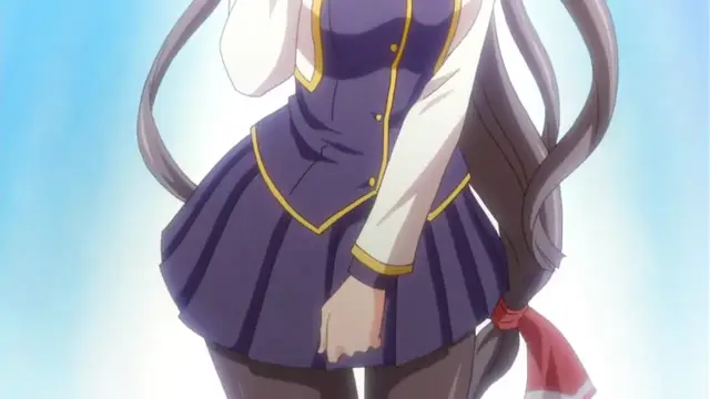 A girl with long grey hair wearing a blue and gold sailor-style school uniform stands against a light blue background. Screenshot from Tsugou no Yoi Sexfriend - Episode 1