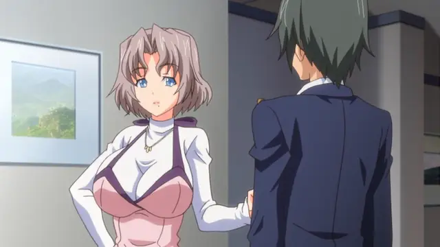 A shocked-looking woman with light hair and a purple outfit stands in a room, looking up at a man in a blue uniform who is facing away from the camera. Screenshot from Tsugou no Yoi Sexfriend - Episode 1