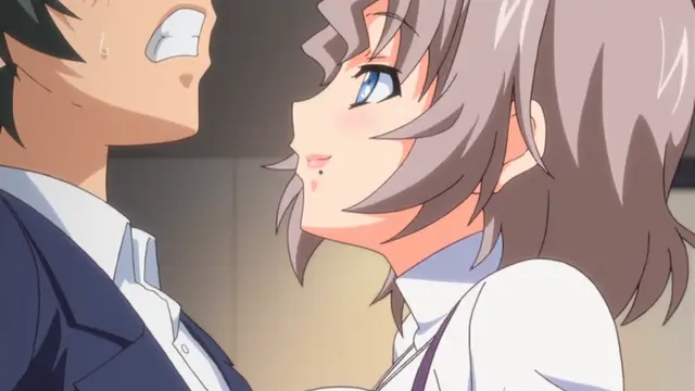 A blushing anime girl with grey hair and blue eyes leans in close to a sweating, wide-eyed man in a suit as if about to kiss him. Screenshot from Tsugou no Yoi Sexfriend - Episode 1