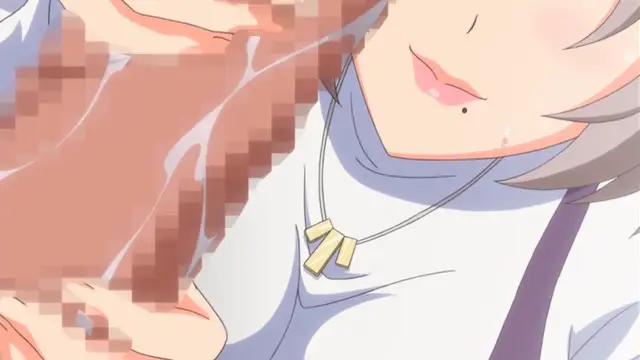 A close-up of an anime girl with a blissful expression and heavy blushing faces are pressed against her, while she wears a white turtleneck with a gold pendant. Screenshot from Tsugou no Yoi Sexfriend - Episode 1