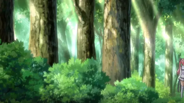 A girl with pink hair and a white and black outfit stands in a lush, green forest with sunlight filtering through the trees. Screenshot from Tsugou no Yoi Sexfriend - Episode 1