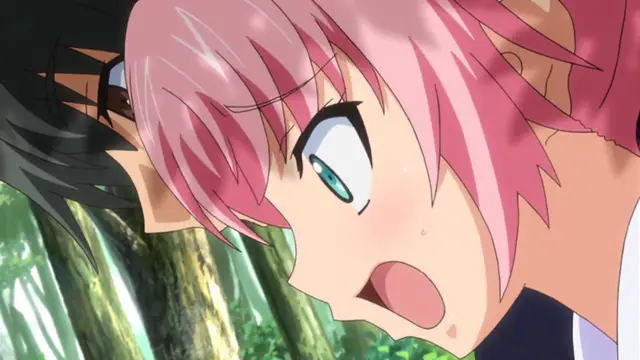 A shocked pink-haired anime girl with blue eyes looks towards a black-haired male character in a forest setting. Screenshot from Tsugou no Yoi Sexfriend - Episode 1