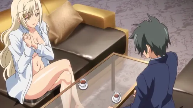 A blonde woman in a light blue robe sits on a sofa with her breasts exposed while facing a young man with green hair who is sitting across from her at a glass coffee table with cups. Screenshot from Tsugou no Yoi Sexfriend - Episode 2