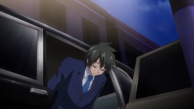A man with dark hair, wearing a blue suit and tie, leans out of the open door of a black car at night with a dazed expression. Screenshot from Tsugou no Yoi Sexfriend - Episode 2