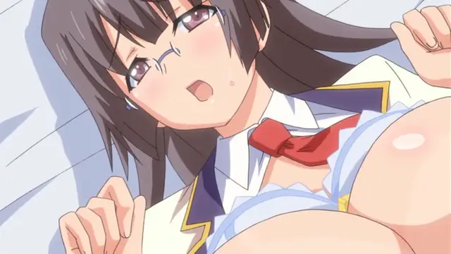 An anime girl with glasses and a school uniform is lying on a bed with her clothes pulled down, revealing her breasts. Screenshot from Tsugou no Yoi Sexfriend - Episode 2