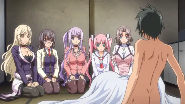 A group of five girls in school uniforms sit on the floor in a row, looking towards a naked man standing with his back turned to the viewer in a room. Screenshot from Tsugou no Yoi Sexfriend - Episode 2