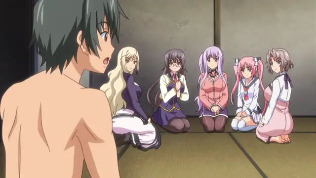 A shirtless male anime character looks on with a shocked expression as five girls in various outfits sit in a row on a tatami mat. Screenshot from Tsugou no Yoi Sexfriend - Episode 2