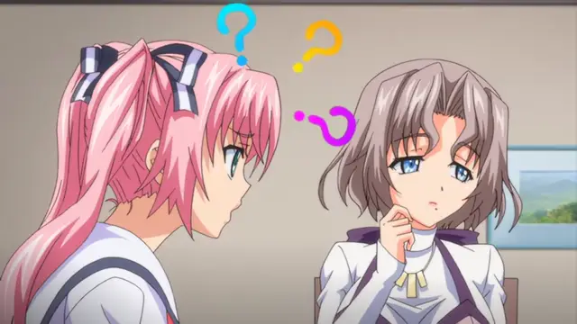 A pink-haired girl stares blankly at a grey-haired girl who is touching her chin with a puzzled expression, with colorful question marks appearing above their heads. Screenshot from Tsugou no Yoi Sexfriend - Episode 3