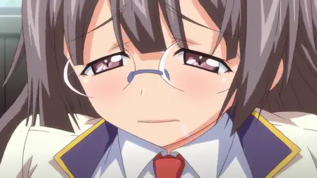 A blushing anime girl with glasses and long brown hair looks tearfully and lustfully into the camera while wearing a school uniform. Screenshot from Tsugou no Yoi Sexfriend - Episode 3