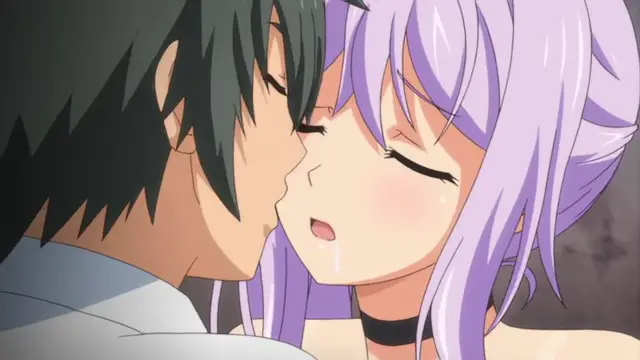 A man with dark hair and a woman with purple hair are shown in a close-up shot as they share a passionate kiss. Screenshot from Tsugou no Yoi Sexfriend - Episode 3