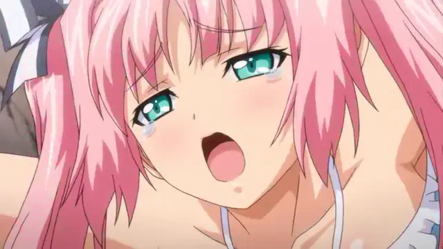 A close-up shot of a pink-haired anime girl with tearful eyes and an open mouth, appearing to be in a state of distress or pleasure. Screenshot from Tsugou no Yoi Sexfriend - Episode 4