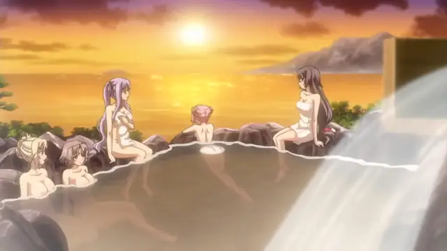 Five anime girls in white bikinis sit in an outdoor hot spring at sunset, with one girl on the right getting her breasticles toyed with. Screenshot from Tsugou no Yoi Sexfriend - Episode 4
