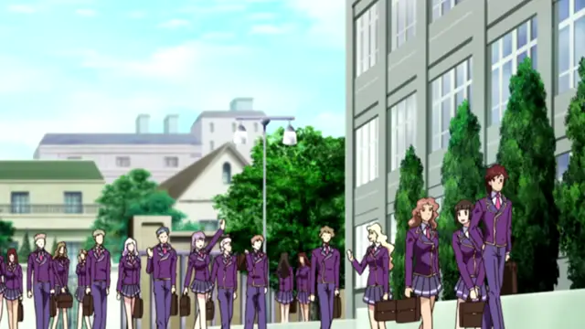 A group of anime students in purple school uniforms stand in a line outside a large building with trees and a blue sky in the background. Screenshot from Saimin Ryoujoku Gakuen - Episode 1