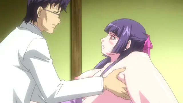 A male character wearing glasses and a white coat looks down at a blushing female character with purple hair, while his hand rests on her chest. Screenshot from Saimin Ryoujoku Gakuen - Episode 1