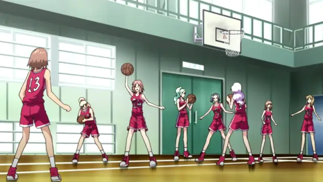 Seven anime girls in red basketball uniforms stand on a gymnasium court during a game, with a tall girl in the foreground holding a basketball. Screenshot from Saimin Ryoujoku Gakuen - Episode 1