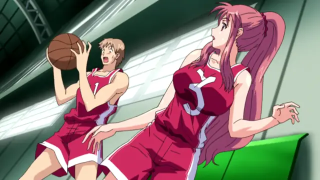 A female anime character with long pink hair in a red basketball jersey stands on a court next to a male anime character holding a basketball. Screenshot from Saimin Ryoujoku Gakuen - Episode 1