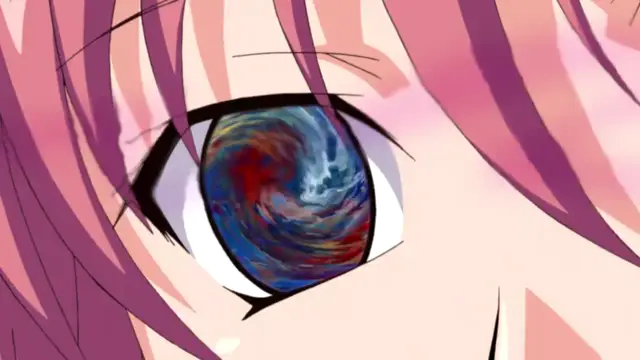 A close-up shot of an anime girl's face with pink hair and a large eye featuring a swirling, multicolored pattern reminiscent of Van Gogh's "Starry Night.". Screenshot from Saimin Ryoujoku Gakuen - Episode 1